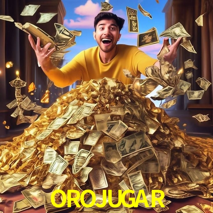 Escena dinámica inspirada en casino con iluminación OROJUGAR, cartas, fichas e íconos de juegos digitales en un espacio moderno de juegos.
