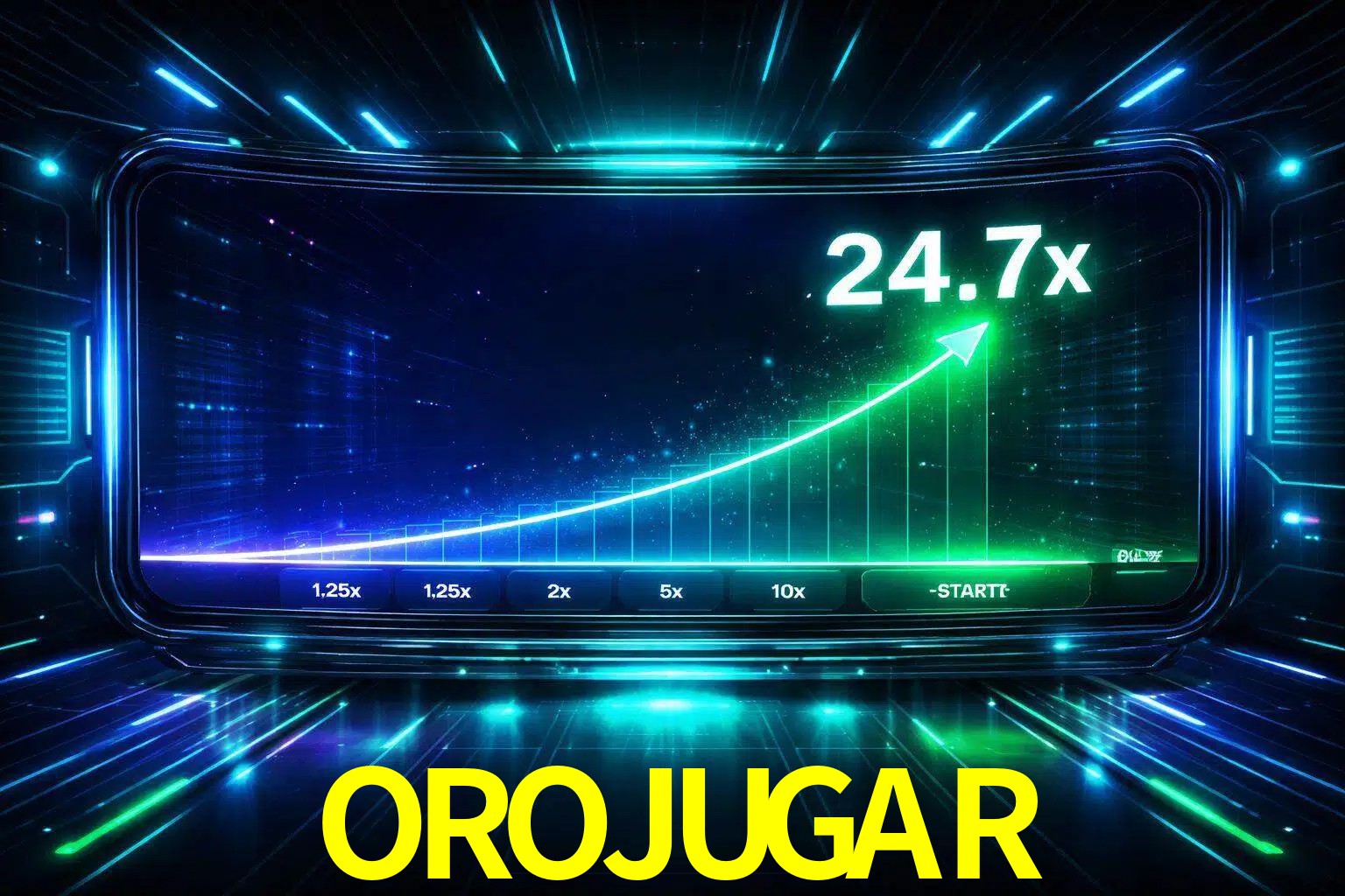 Una pantalla moderna de juego estilo crash con multiplicadores ascendentes, visuales de neón y una interfaz intensa enfocada en la acción.