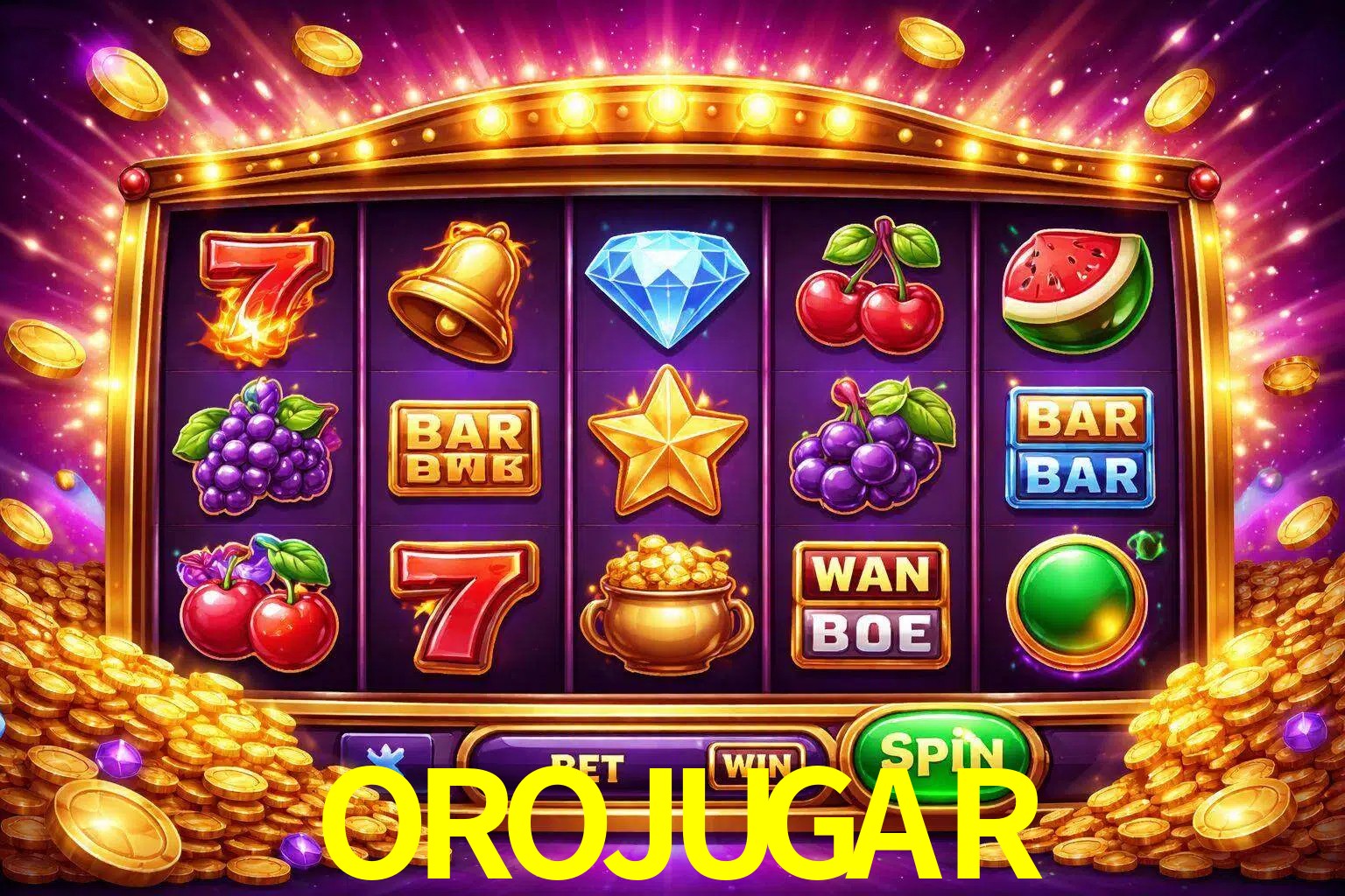 Una interfaz colorida de tragamonedas en línea con símbolos brillantes, monedas y un efecto de victoria celebratoria en OROJUGAR.