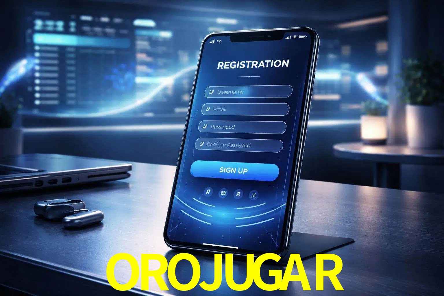 Una interfaz moderna de registro móvil para OROJUGAR mostrada en un smartphone con un panel de apuestas elegante.